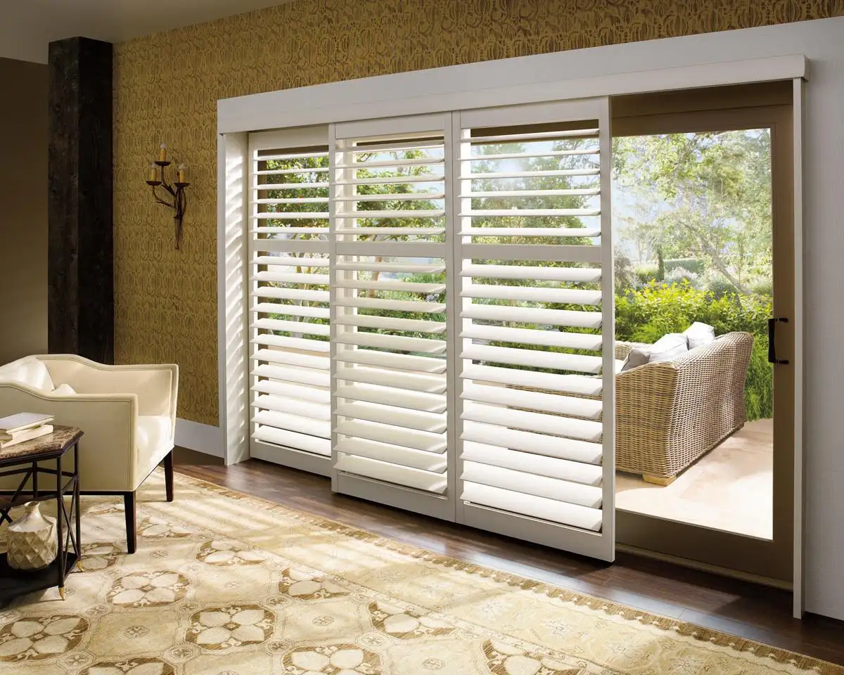 Plantation shutters for sliding glass doors