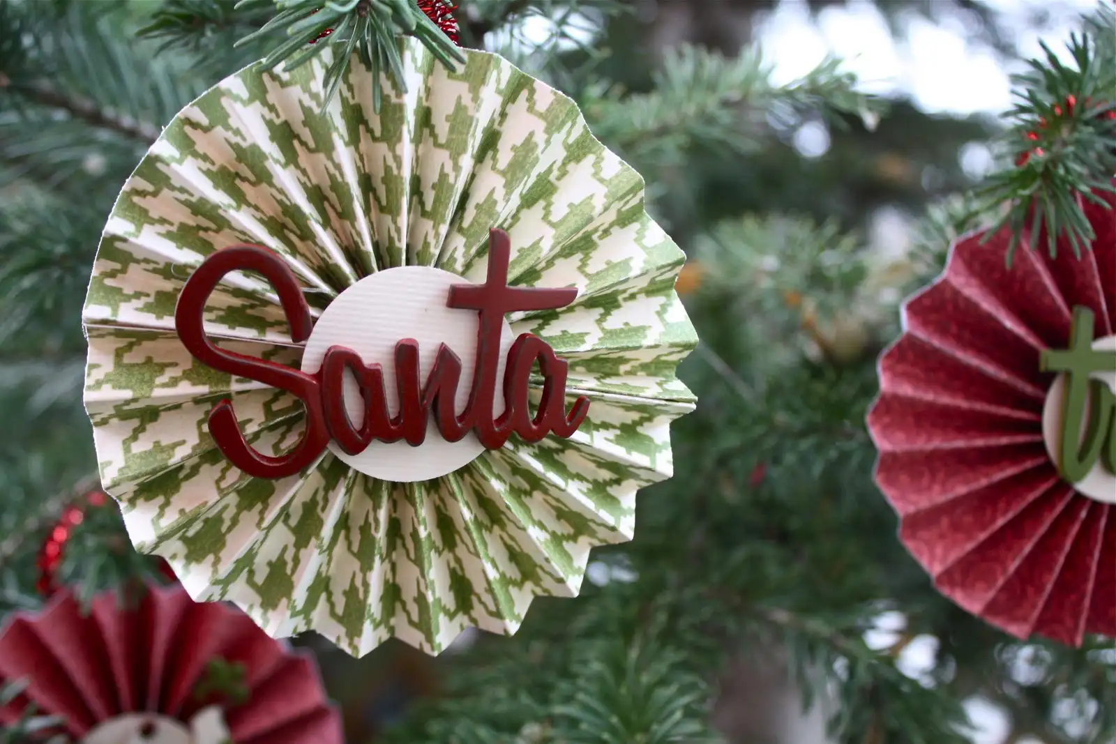 Wooden, paper and glass Christmas decorations