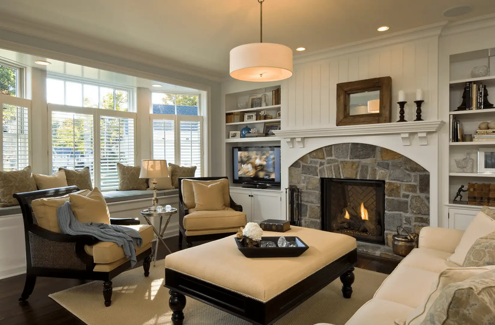 Traditional living room with a fireplace